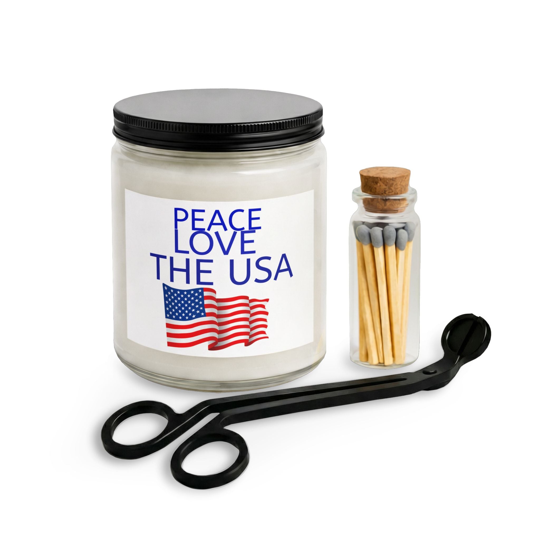 Patriotic Candle Set — "Peace Love The USA" Scented Candle with Matches & Wick Trimmer