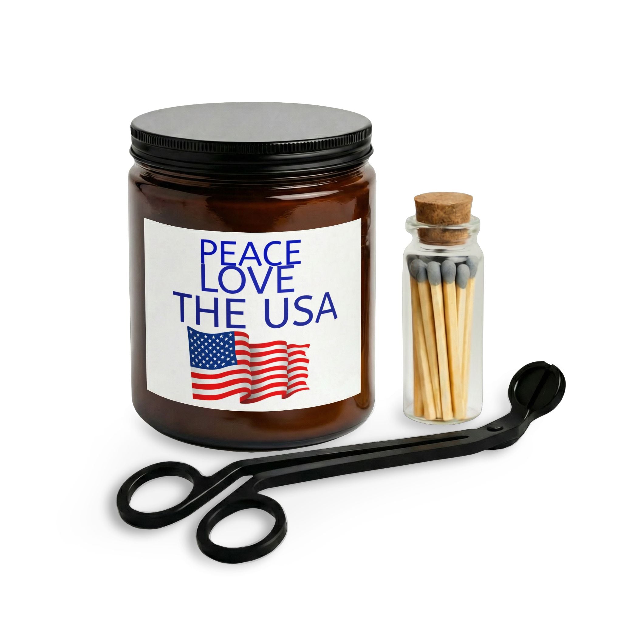 Patriotic Candle Set — "Peace Love The USA" Scented Candle with Matches & Wick Trimmer